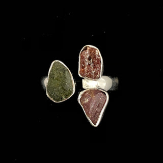Authentic Czech Republic Moldavite Rough and Pink Tourmaline Gemstone 925 Solid Sterling Silver Handmade Ring Jewelry