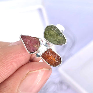 Authentic Czech Republic Moldavite Rough and Pink Tourmaline Gemstone 925 Solid Sterling Silver Handmade Ring Jewelry