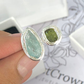 Authentic Czech Republic Moldavite Rough and Aquamarine Gemstone 925 Solid Sterling Silver Handmade Ring Jewelry