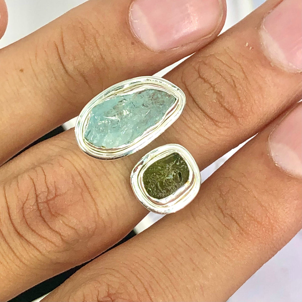 Authentic Czech Republic Moldavite Rough and Aquamarine Gemstone 925 Solid Sterling Silver Handmade Ring Jewelry