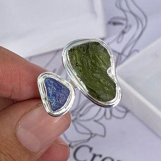 Authentic Czech Republic Moldavite Rough and Tanzanite Rough Gemstone 925 Solid Sterling Silver Handmade Ring Jewelry