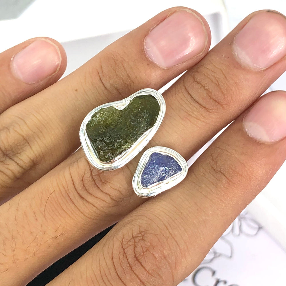 Authentic Czech Republic Moldavite Rough and Tanzanite Rough Gemstone 925 Solid Sterling Silver Handmade Ring Jewelry