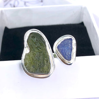 Authentic Czech Republic Moldavite Rough and Tanzanite Rough Gemstone 925 Solid Sterling Silver Handmade Ring Jewelry
