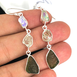 Natural Moldavite Rough & Herkimer Diamond, Opal  Earrings Gemstone From Czech Republic 925 Solid Sterling Silver Handmade Designer Jewelry