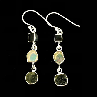Natural Moldavite Rough & Black Tourmaline, Opal Earrings Gemstone From Czech Republic 925 Solid Sterling Silver Handmade Designer Jewelry