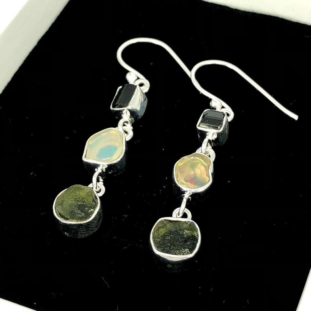 Natural Moldavite Rough & Black Tourmaline, Opal Earrings Gemstone From Czech Republic 925 Solid Sterling Silver Handmade Designer Jewelry