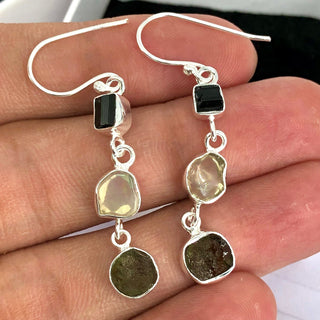 Natural Moldavite Rough & Black Tourmaline, Opal Earrings Gemstone From Czech Republic 925 Solid Sterling Silver Handmade Designer Jewelry