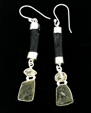 Natural Moldavite Rough & Herkimer Diamond Black Tourmaline Earrings Gemstone From Czech Republic 925 Solid Sterling Silver Handmade Jewelry