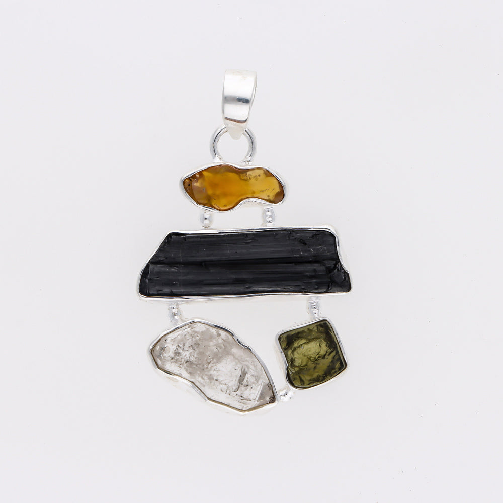 Natural Moldavite Pendant, Black Tourmaline, Czech Moldavite, Herkimer Diamond, Opal Pendant, Sterling Silver Pendant, Handmade Pendant