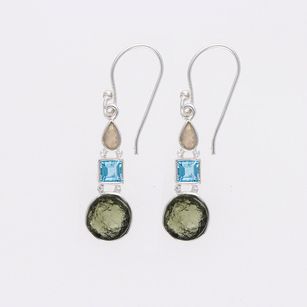 Czech Moldavite, Opal & Blue Topaz Gemstone Earring, 925 Sterling Silver Handmade Earring, Drop Dangle Earring, Gifts For Her