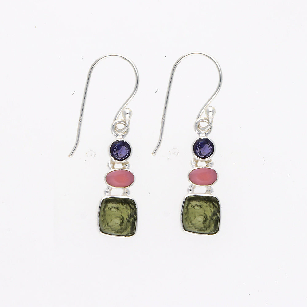 Czech Moldavite, Pink Opal & Amethyst Gemstone Earring, 925 Sterling Silver Handmade Earring, Drop Dangle Earring, Gifts For Her