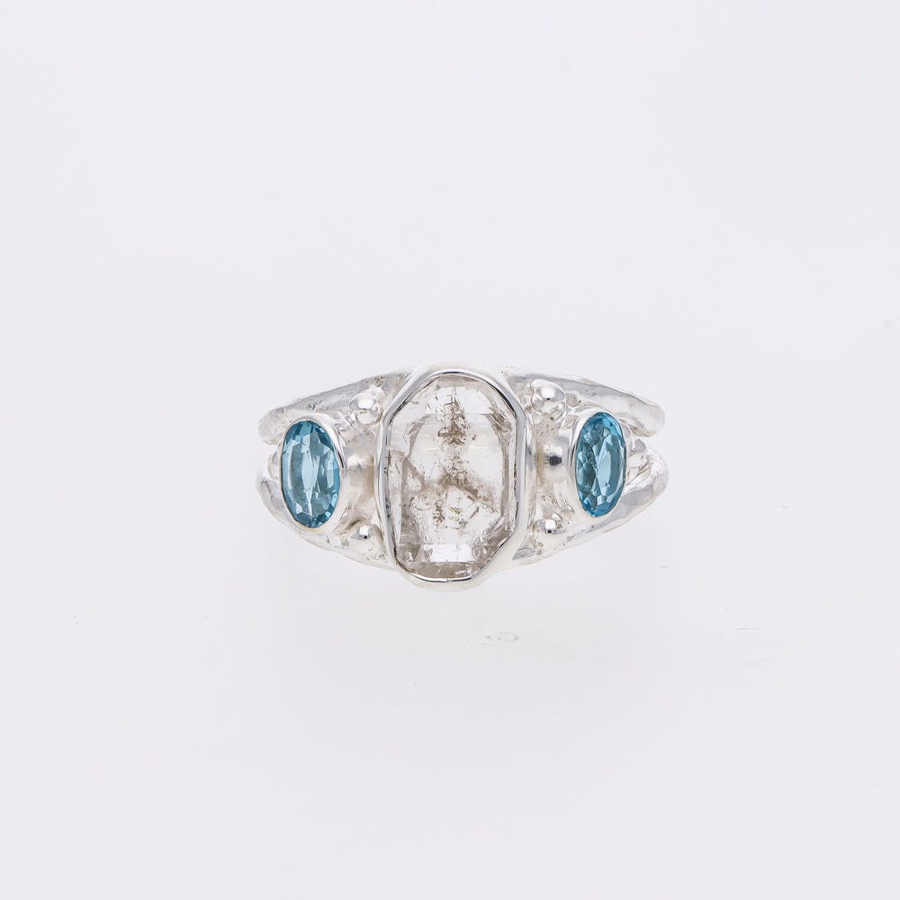 Herkimer Diamond and Blue Topaz Gemstone 925 Solid Sterling Silver Handmade Ring Jewelry