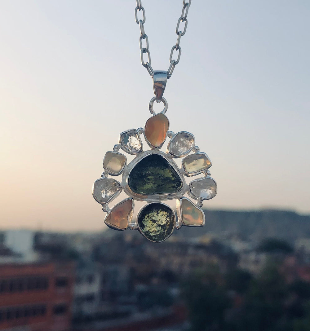 Moldavite Pendant, Czech Moldavite, Herkimer Diamond, Opal Pendant, Sterling Silver Pendant, Handmade Pendant, Natural Moldavite