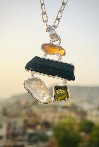 Natural Moldavite Pendant, Black Tourmaline, Czech Moldavite, Herkimer Diamond, Opal Pendant, Sterling Silver Pendant, Handmade Pendant
