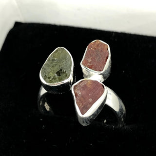 Authentic Czech Republic Moldavite Rough and Pink Tourmaline Gemstone 925 Solid Sterling Silver Handmade Ring Jewelry