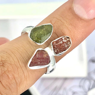 Authentic Czech Republic Moldavite Rough and Pink Tourmaline Gemstone 925 Solid Sterling Silver Handmade Ring Jewelry