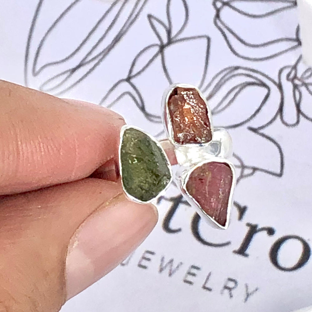 Authentic Czech Republic Moldavite Rough and Pink Tourmaline Gemstone 925 Solid Sterling Silver Handmade Ring Jewelry