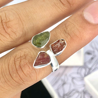 Authentic Czech Republic Moldavite Rough and Pink Tourmaline Gemstone 925 Solid Sterling Silver Handmade Ring Jewelry