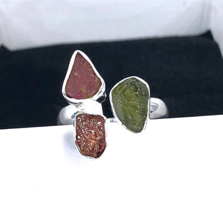 Authentic Czech Republic Moldavite Rough and Pink Tourmaline Gemstone 925 Solid Sterling Silver Handmade Ring Jewelry