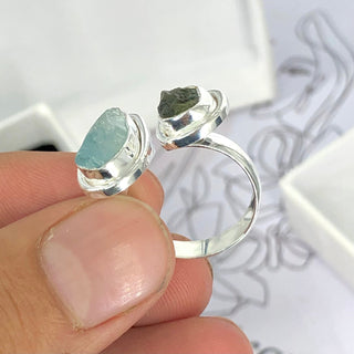 Authentic Czech Republic Moldavite Rough and Aquamarine Gemstone 925 Solid Sterling Silver Handmade Ring Jewelry