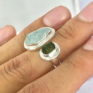Authentic Czech Republic Moldavite Rough and Aquamarine Gemstone 925 Solid Sterling Silver Handmade Ring Jewelry