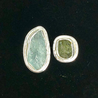 Authentic Czech Republic Moldavite Rough and Aquamarine Gemstone 925 Solid Sterling Silver Handmade Ring Jewelry