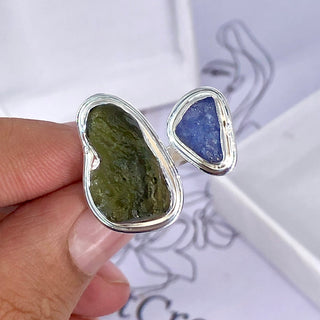 Authentic Czech Republic Moldavite Rough and Tanzanite Rough Gemstone 925 Solid Sterling Silver Handmade Ring Jewelry