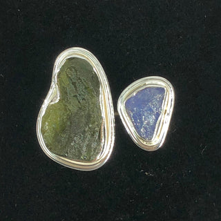 Authentic Czech Republic Moldavite Rough and Tanzanite Rough Gemstone 925 Solid Sterling Silver Handmade Ring Jewelry