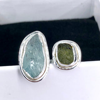Authentic Czech Republic Moldavite Rough and Aquamarine Gemstone 925 Solid Sterling Silver Handmade Ring Jewelry