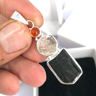 Black Tourmaline, Herkimer Diamond & Carnelian Natural Gemstone 925 Solid Sterling Silver Handmade Jewelry Pendant