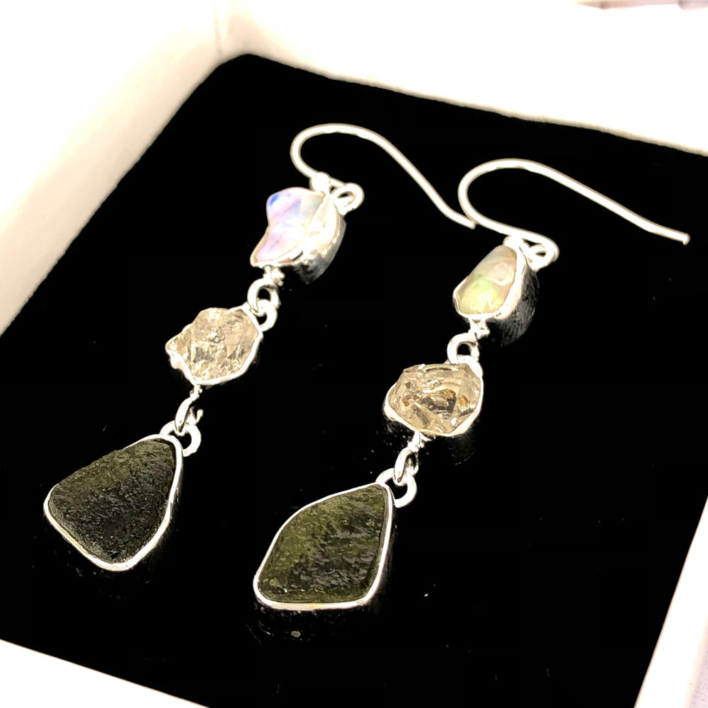 Natural Moldavite Rough & Herkimer Diamond, Opal  Earrings Gemstone From Czech Republic 925 Solid Sterling Silver Handmade Designer Jewelry