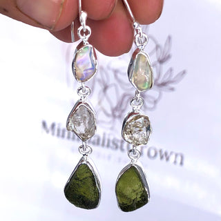 Natural Moldavite Rough & Herkimer Diamond, Opal  Earrings Gemstone From Czech Republic 925 Solid Sterling Silver Handmade Designer Jewelry