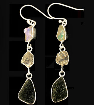 Natural Moldavite Rough & Herkimer Diamond, Opal  Earrings Gemstone From Czech Republic 925 Solid Sterling Silver Handmade Designer Jewelry