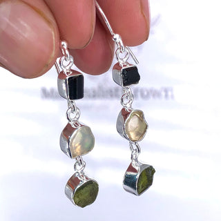 Natural Moldavite Rough & Black Tourmaline, Opal Earrings Gemstone From Czech Republic 925 Solid Sterling Silver Handmade Designer Jewelry