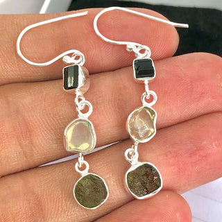 Natural Moldavite Rough & Black Tourmaline, Opal Earrings Gemstone From Czech Republic 925 Solid Sterling Silver Handmade Designer Jewelry