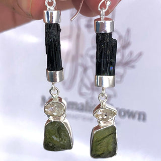 Natural Moldavite Rough & Herkimer Diamond Black Tourmaline Earrings Gemstone From Czech Republic 925 Solid Sterling Silver Handmade Jewelry
