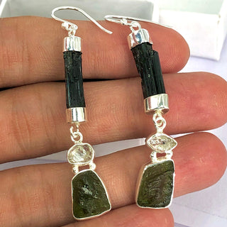 Natural Moldavite Rough & Herkimer Diamond Black Tourmaline Earrings Gemstone From Czech Republic 925 Solid Sterling Silver Handmade Jewelry