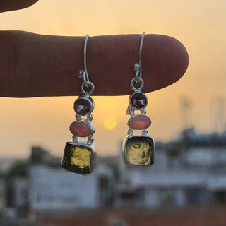 Czech Moldavite, Pink Opal & Amethyst Gemstone Earring, 925 Sterling Silver Handmade Earring, Drop Dangle Earring, Gifts For Her