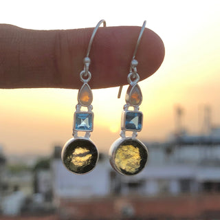 Czech Moldavite, Opal & Blue Topaz Gemstone Earring, 925 Sterling Silver Handmade Earring, Drop Dangle Earring, Gifts For Her