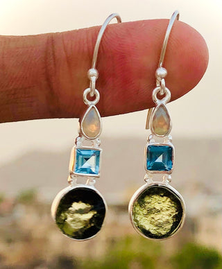 Czech Moldavite, Opal & Blue Topaz Gemstone Earring, 925 Sterling Silver Handmade Earring, Drop Dangle Earring, Gifts For Her