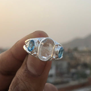 Herkimer Diamond and Blue Topaz Gemstone 925 Solid Sterling Silver Handmade Ring Jewelry