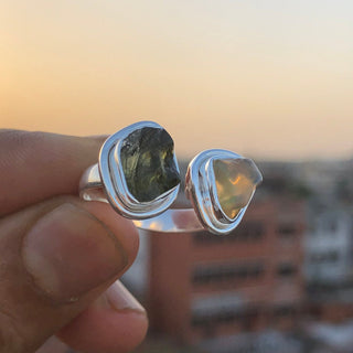 Czech Moldavite , Ethiopian opal Raw Natural Gemstone With Natural Garnet 925 Solid Sterling Silver Handmade Adjustable Ring