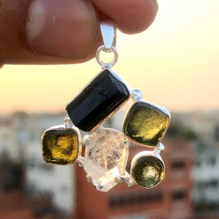 Moldavite Pendant, Black Tourmaline, Moldavite, Herkimer Diamond Pendant, Sterling Silver Pendant, Handmade Pendant, Natural Moldavite