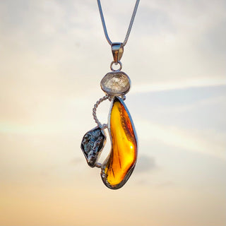 Raw Amber, Herkimer Diamond and Meteorite Pendant, Genuine Amber Necklace, Genstone Pendant 925 Sterling Silver Handmade Designer Jewelry