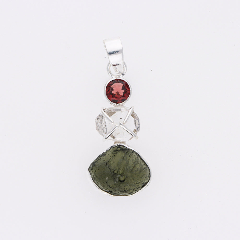 Czech Moldavite, Herkimer Diamond & Garnet Natural Gemstone 925 Solid Sterling Silver Handmade Jewelry Pendant