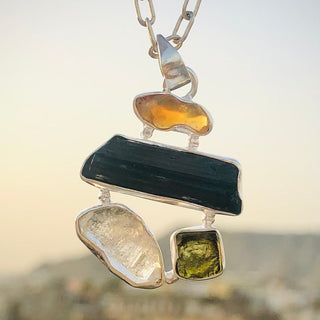 Natural Moldavite Pendant, Black Tourmaline, Czech Moldavite, Herkimer Diamond, Opal Pendant, Sterling Silver Pendant, Handmade Pendant