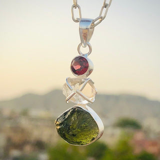 Czech Moldavite, Herkimer Diamond & Garnet Natural Gemstone 925 Solid Sterling Silver Handmade Jewelry Pendant