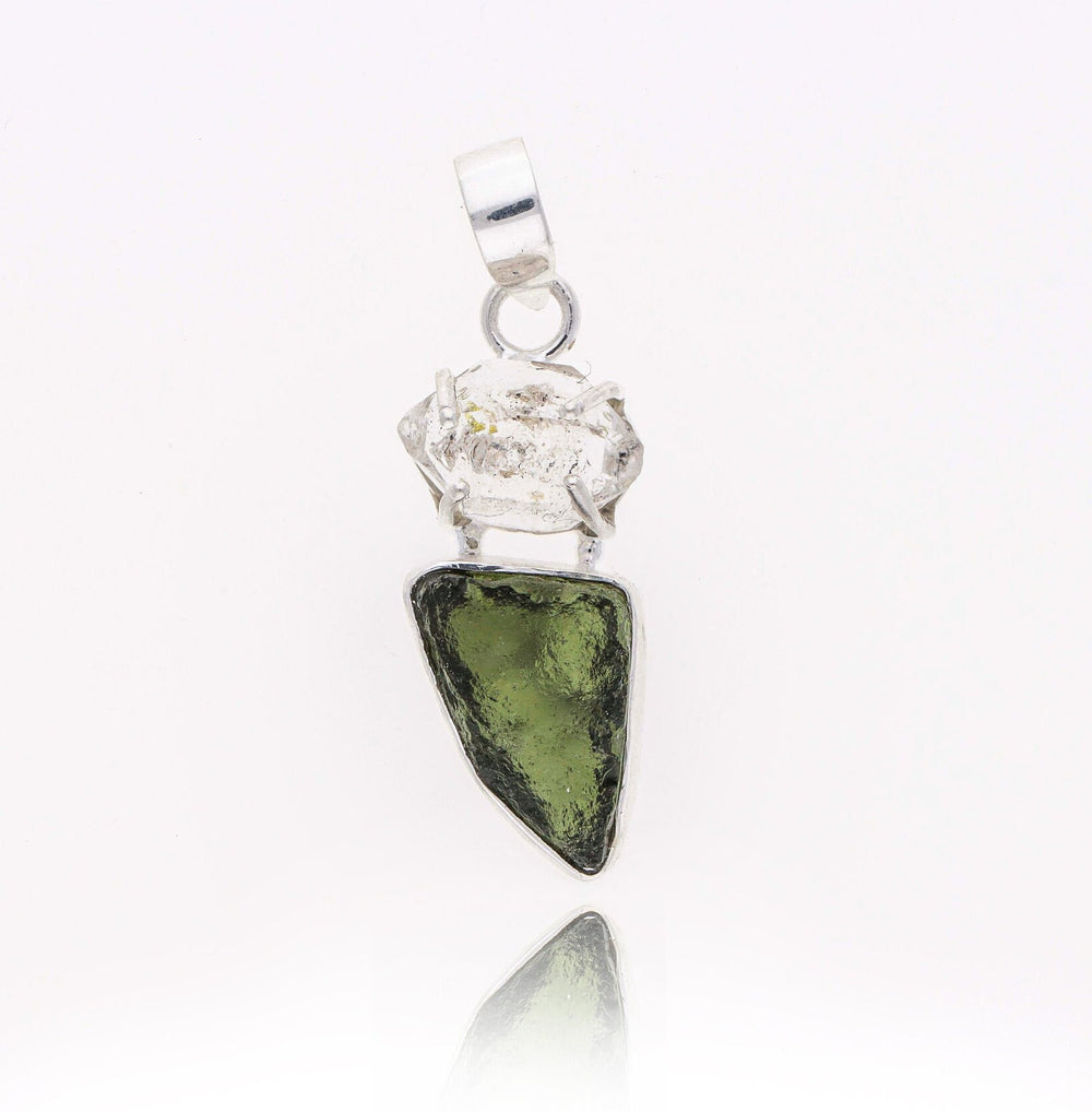 Moldavite herkimer pendant, genuine gemstone pendant, sterling silver handmade pendant, 100% genuine with certified gemstone