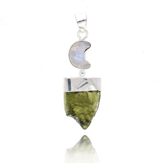 Moldavite Rough Pendant, Silver Handmade Pendant, Moon Shape Moonstone Jewelry, 100% Authentic With Certified Gemstone