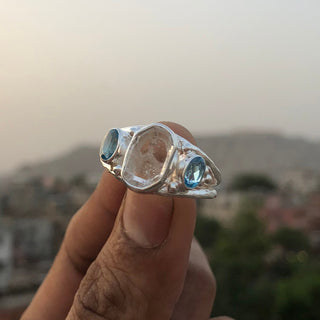 Herkimer Diamond and Blue Topaz Gemstone 925 Solid Sterling Silver Handmade Ring Jewelry